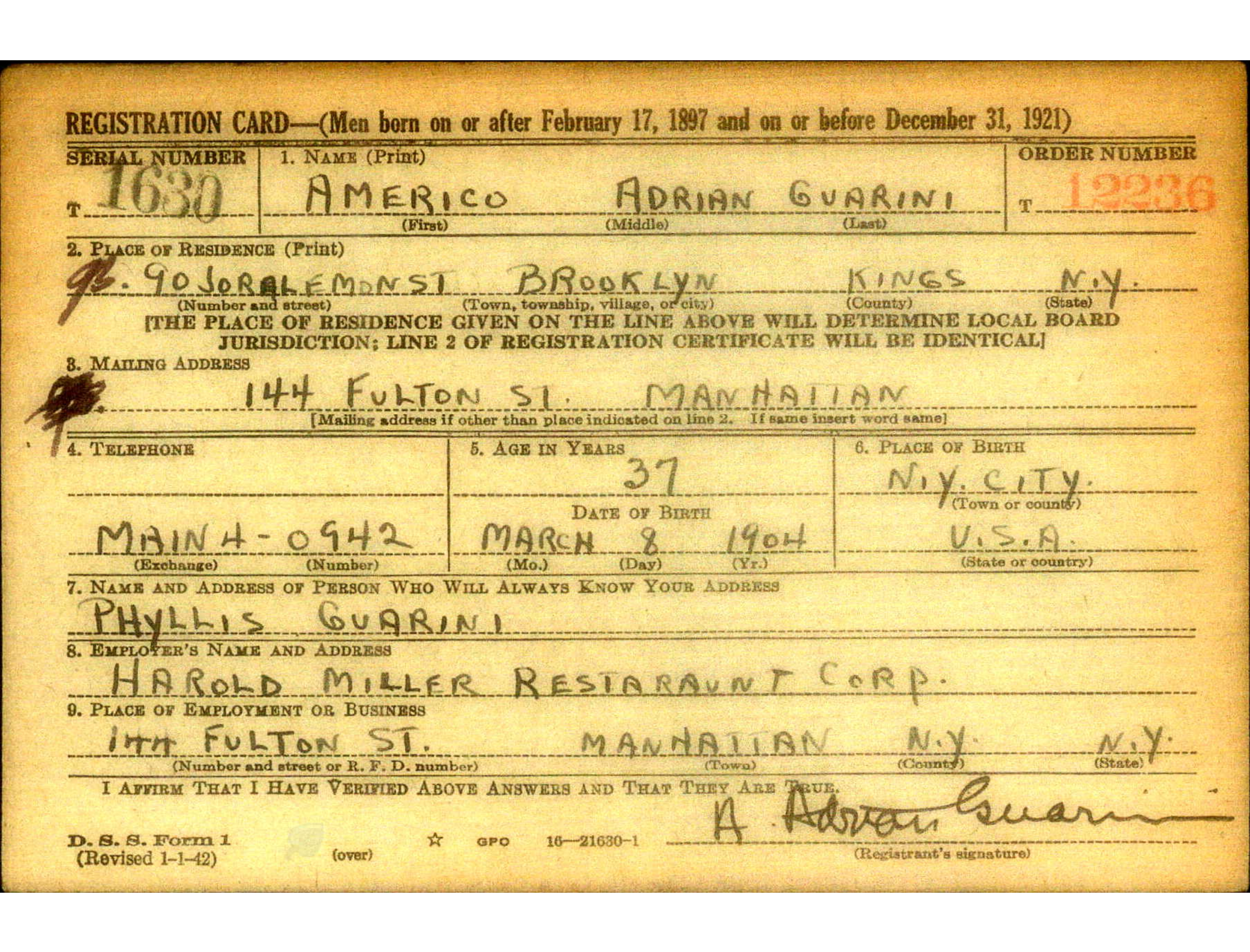 Americo Adrian Guarini WWII draft card